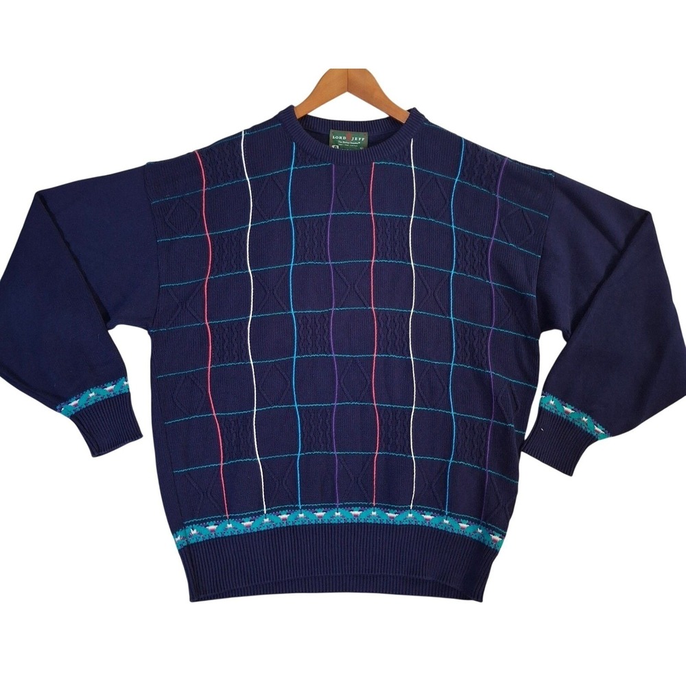 Lord Jeff Vintage 90s Mens XL Navy Blue Cotton Crewneck Sweater Geometric USA